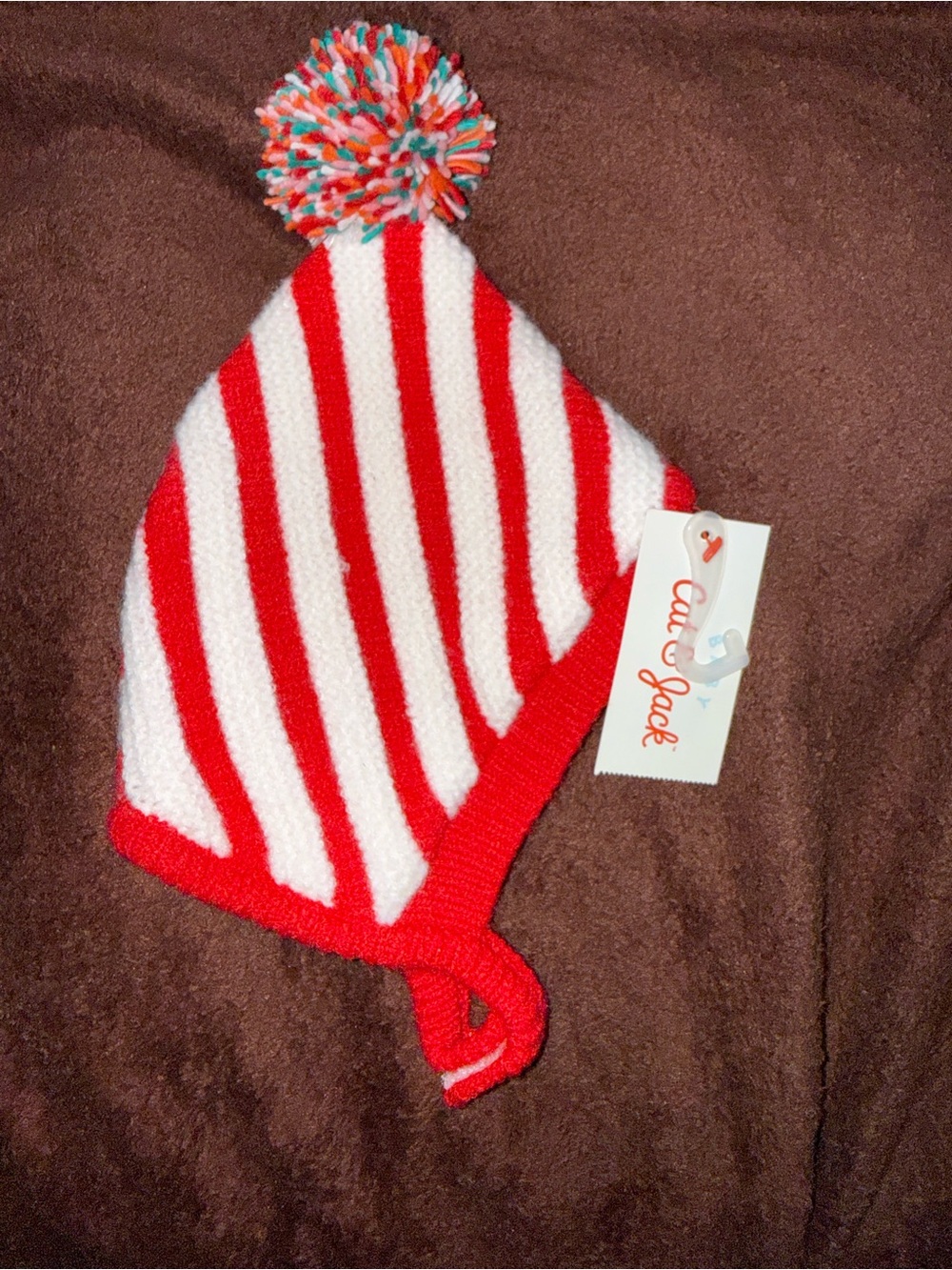 Cat & Jack Red and White Striped Knit Pom Earflap Hat- Size 0-6M New